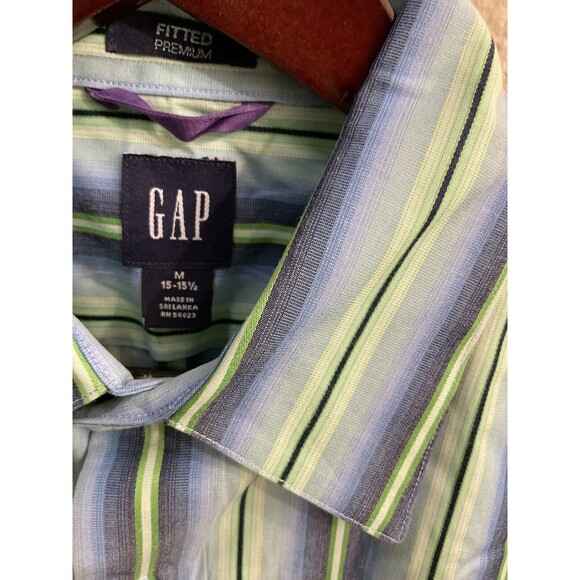 Gap Fitted Premium Mens M 15-15 1/2 Blue Green Striped Long Sleeve Button Up U - Picture 4 of 7